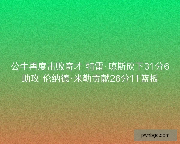 公牛再度击败奇才 特雷·琼斯砍下31分6助攻 伦纳德·米勒贡献26分11篮板 公牛再度击败奇才 特雷·琼斯砍下31分6助攻 伦纳德·米勒贡献26分11篮板
